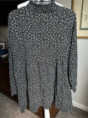Darling Black and White Ditsy Floral Tunic with Smocked Neck